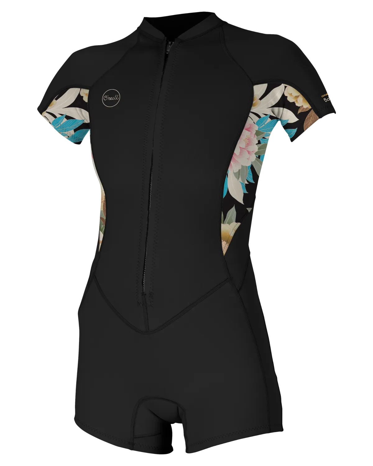 Bahia 2/1mm Front-Zip Kurzarm-Neoprenanzug in Schwarz, Mikah Blumenmuster & Schwarz
