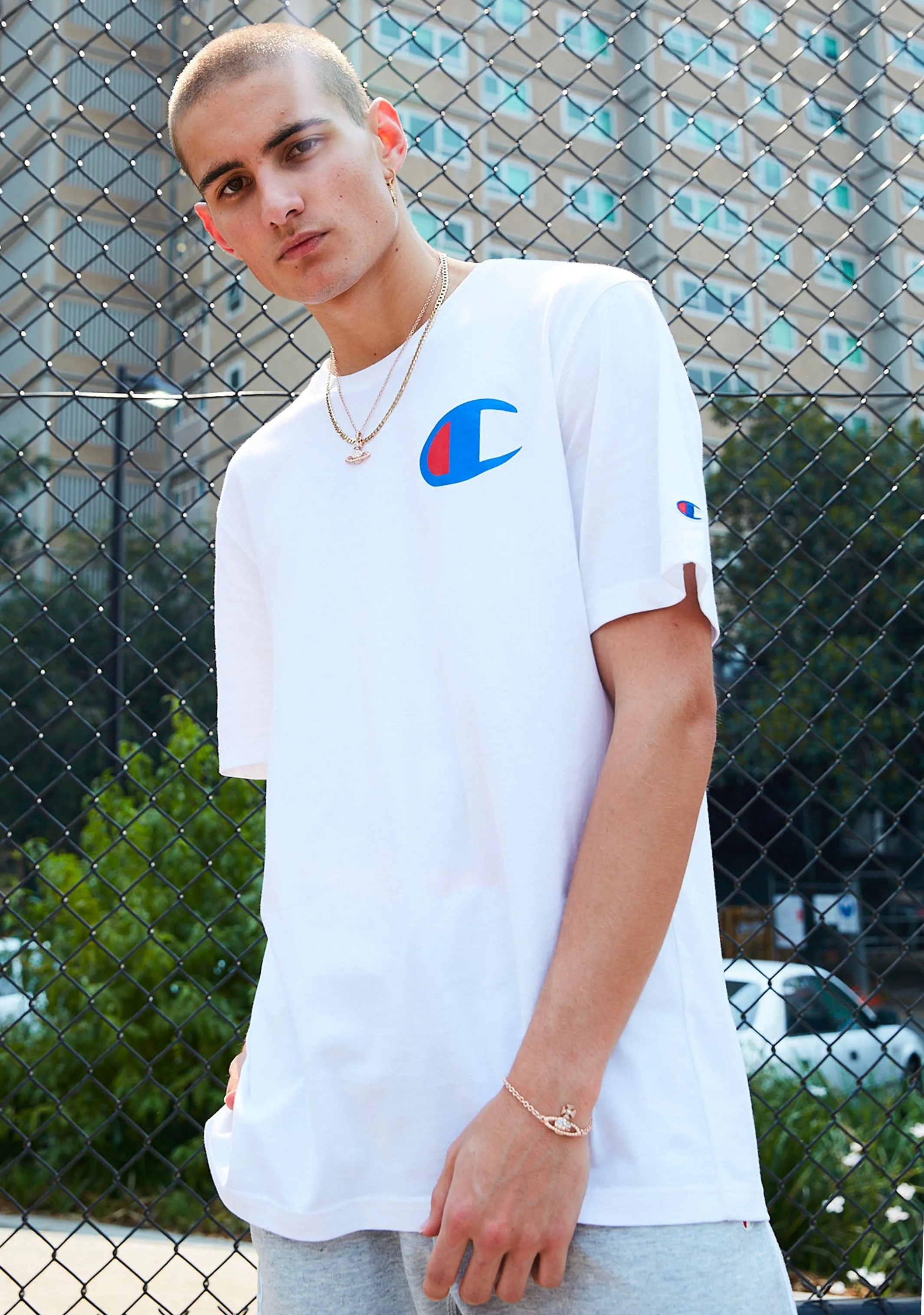 Champion Herren C Logo Kurzarm T-Shirt Weiß