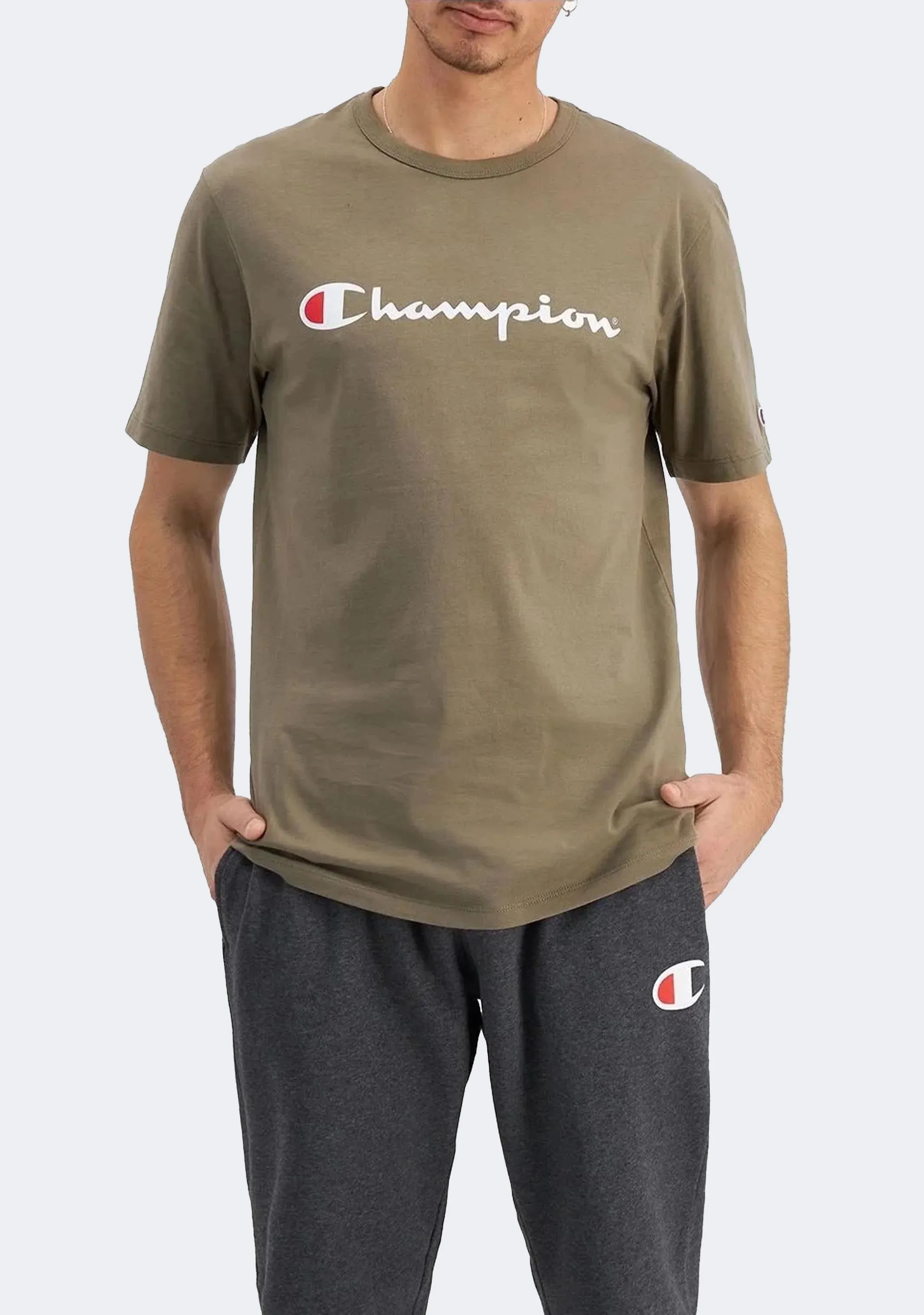 Champion Männer Script Logo Kurzarm T-Shirt Khaki Grün