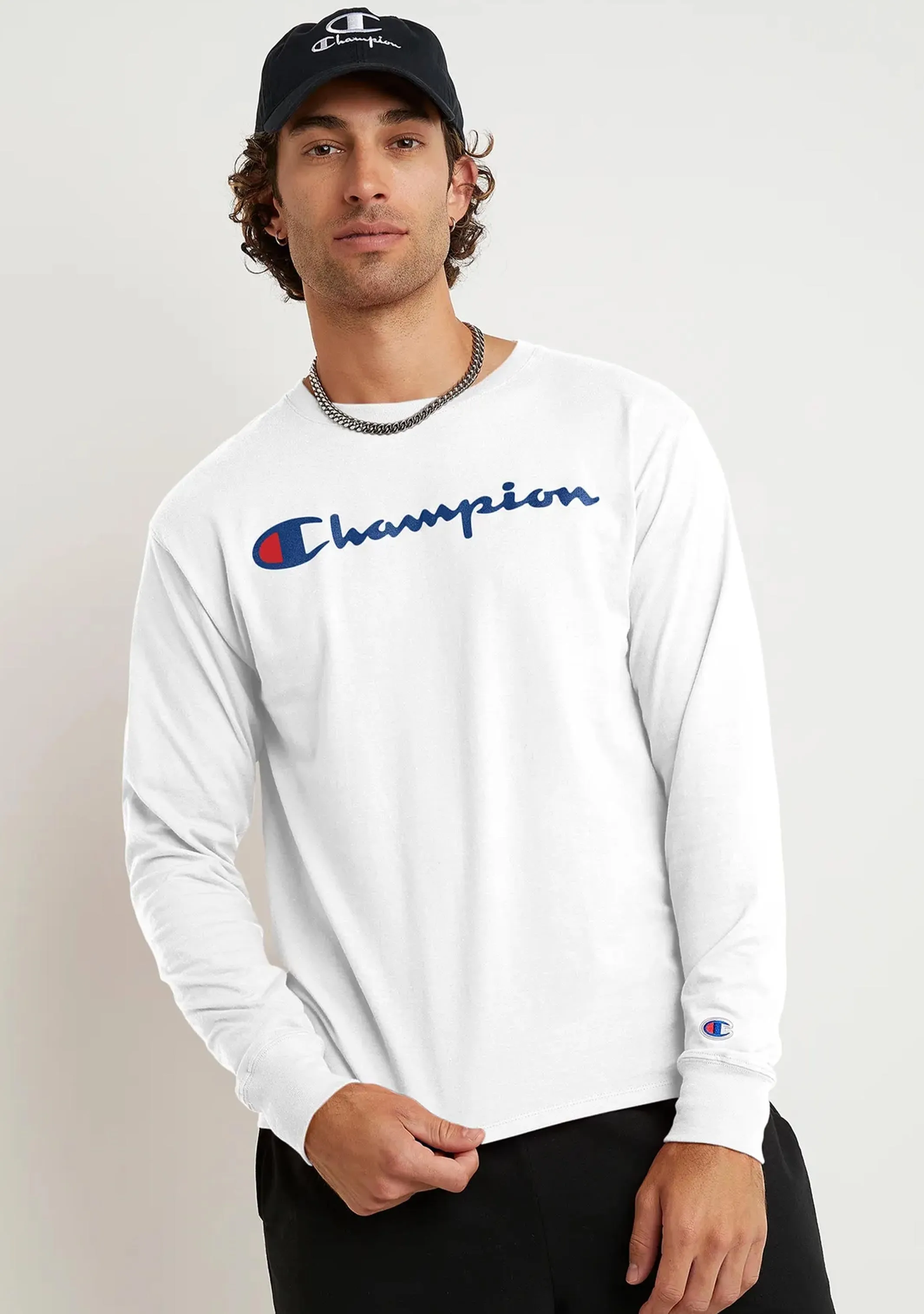Champion Herren Script Langarm T-Shirt Weiß