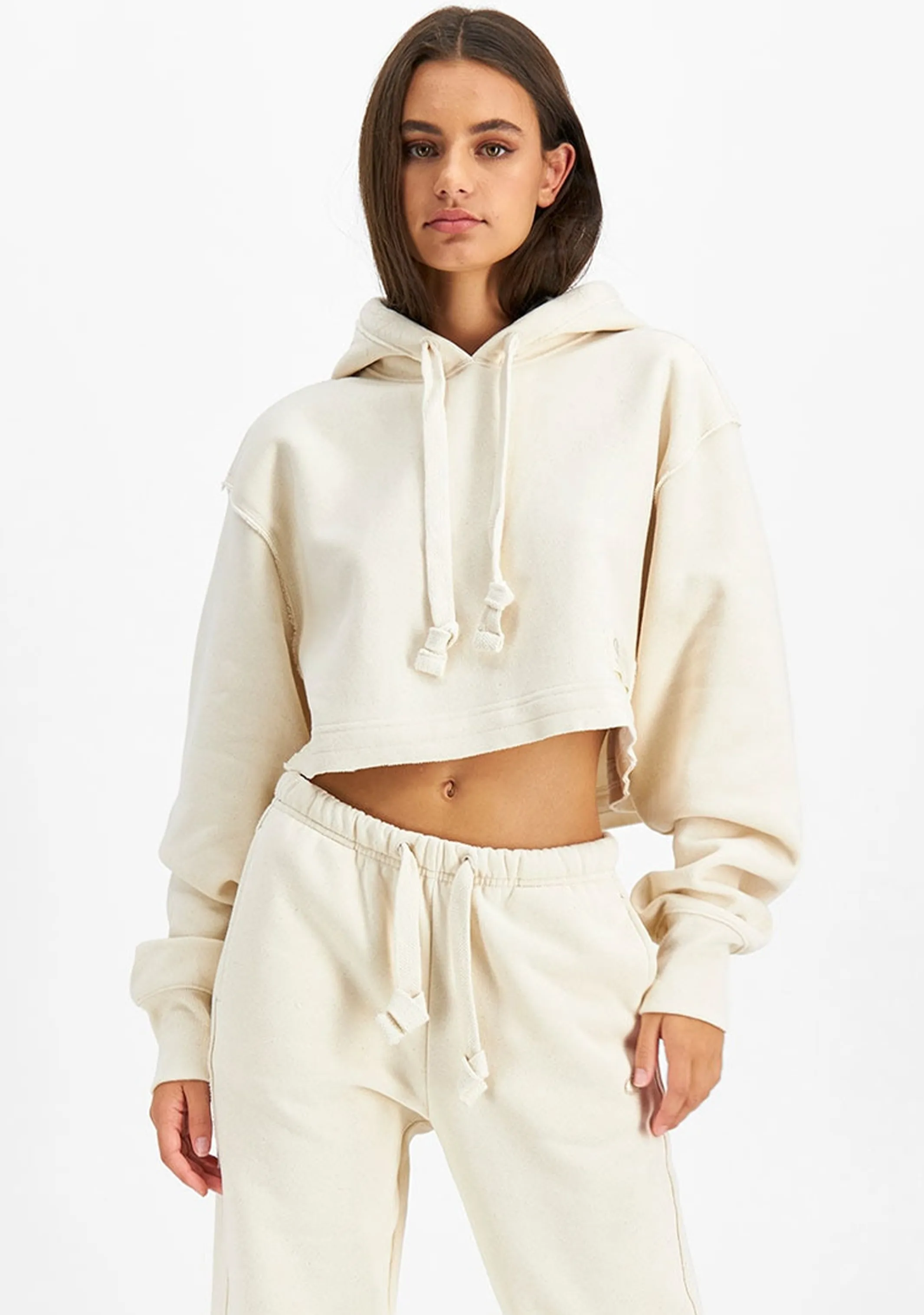 Champion Damen Reverse Weave Beige Cropped Hoodie <br> CT87A1 NAT