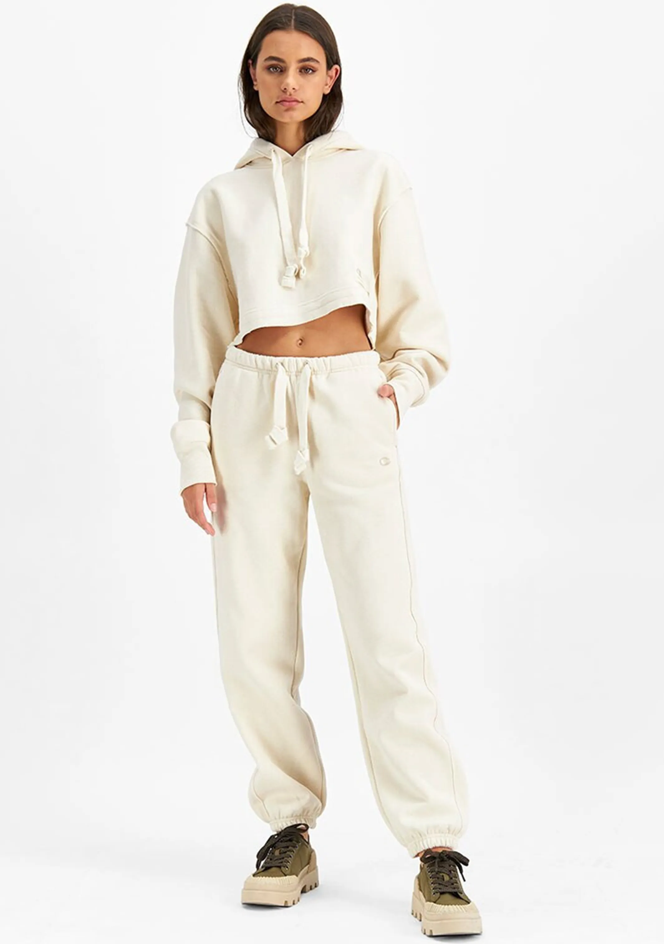 Champion Damen Reverse Weave Beige Cropped Hoodie <br> CT87A1 NAT
