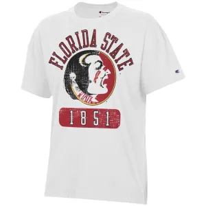 Champion Damen Vault Florida State 1851 Seminole Logo Design Übergroßes Kurzarm T-Shirt - Weiß Champion Kleidung Damen