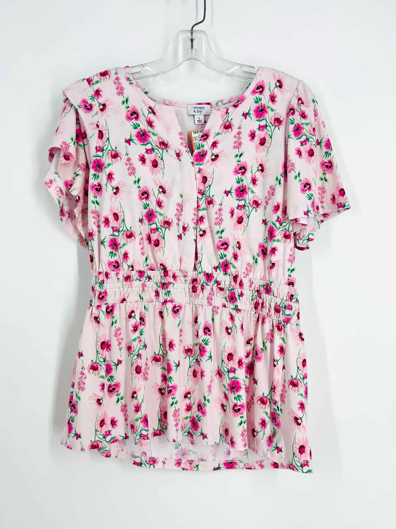 Crown & Ivy Größe L Rosa/Grün Blumen Top-Kurzarm