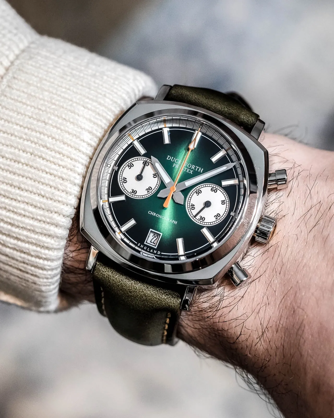 Duckworth Prestex Uhren Duckworth Prestex 42 Grün Sunburst Olivgrünes Lederarmband