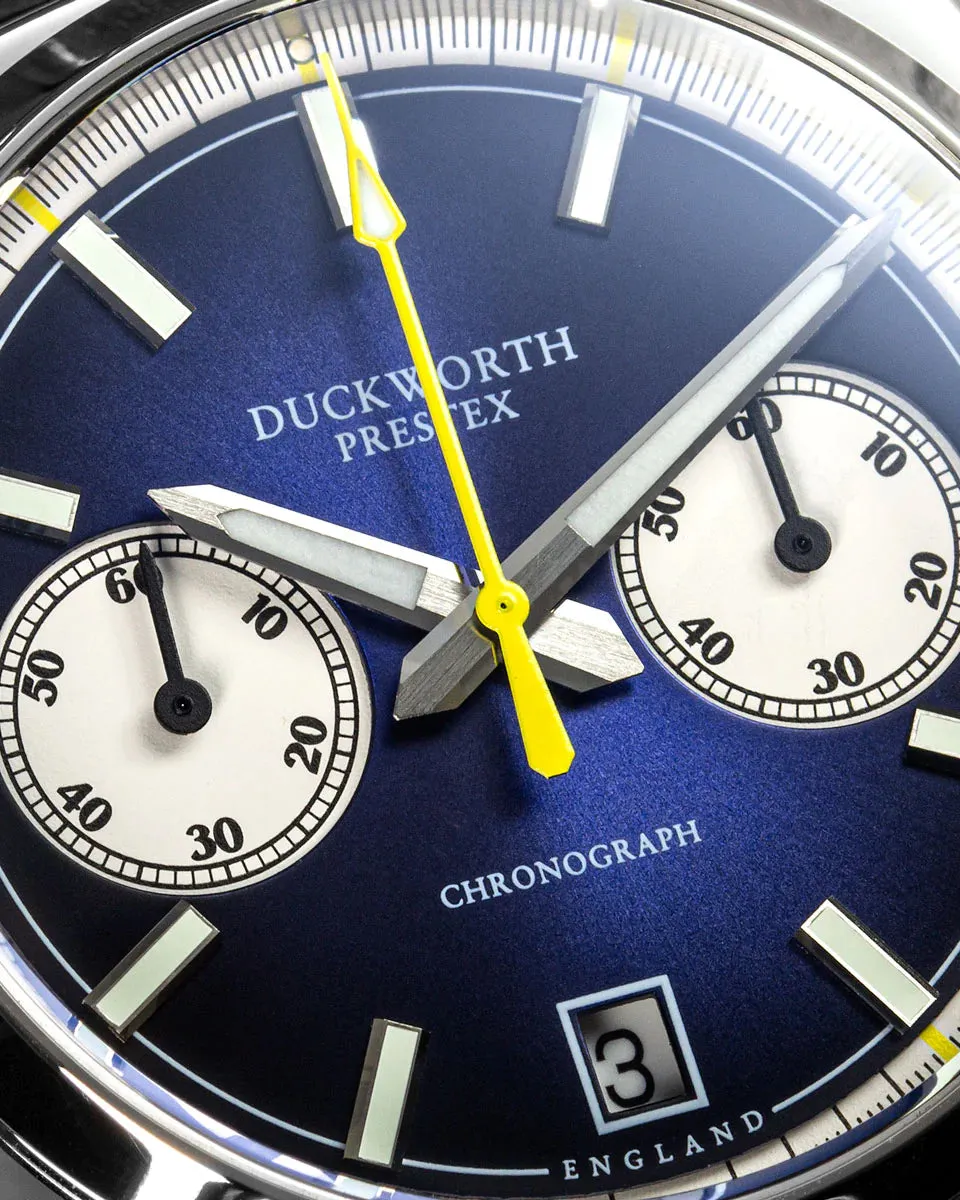 Duckworth Prestex Uhren Duckworth Prestex Chronograph 42 Blau Sonnenstrahl Blaue Gummiumbanduhr