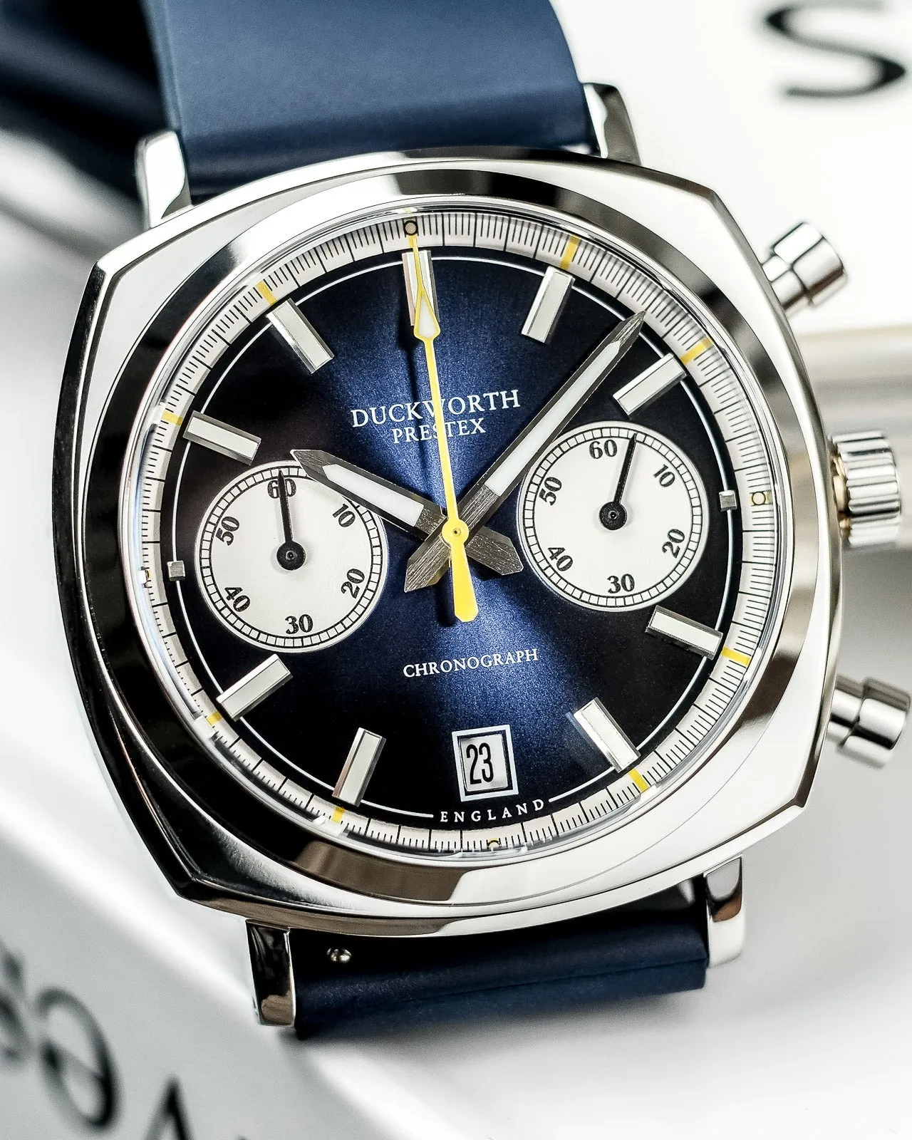 Duckworth Prestex Uhren Duckworth Prestex Chronograph 42 Blau Sonnenstrahl Blaue Gummiumbanduhr