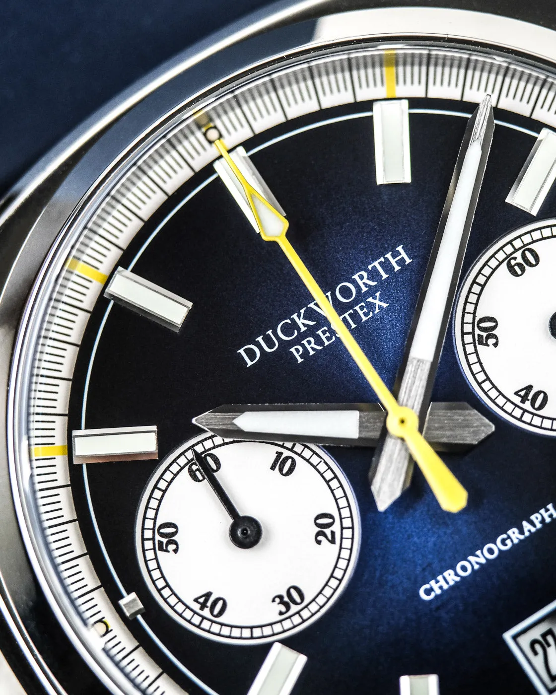 Duckworth Prestex Uhren Duckworth Prestex Chronograph 42 Blau Sonnenstrahl Blaue Gummiumbanduhr