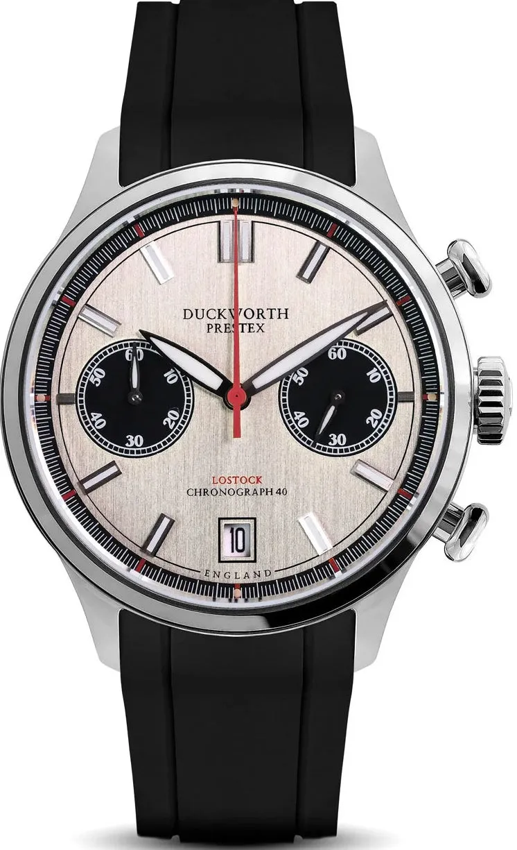 Duckworth Prestex Uhren Duckworth Prestex Lostock Silber 40mm Quarz Chronograph Schwarzes Gummiband Armbanduhr