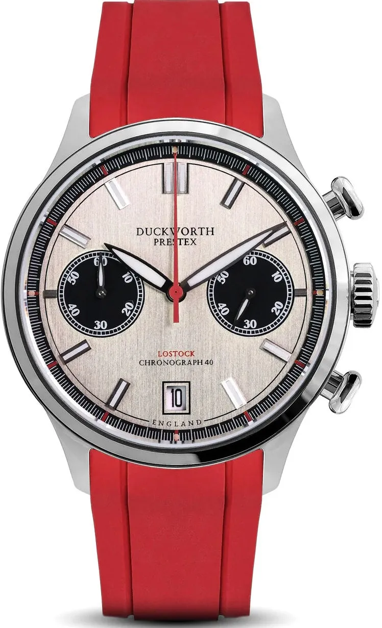 Duckworth Prestex Uhren Duckworth Prestex Lostock Silber 40mm Quarz-Chronograph Rotes Gummiband Armbanduhr