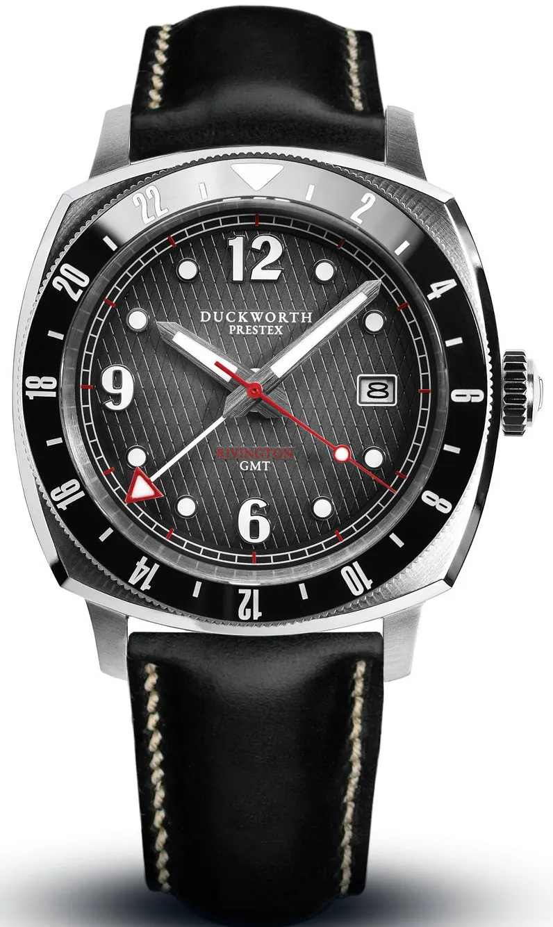 Duckworth Prestex Uhren Duckworth Prestex Rivington GMT Schwarz Grau Rauchfarben Lederarmbanduhr