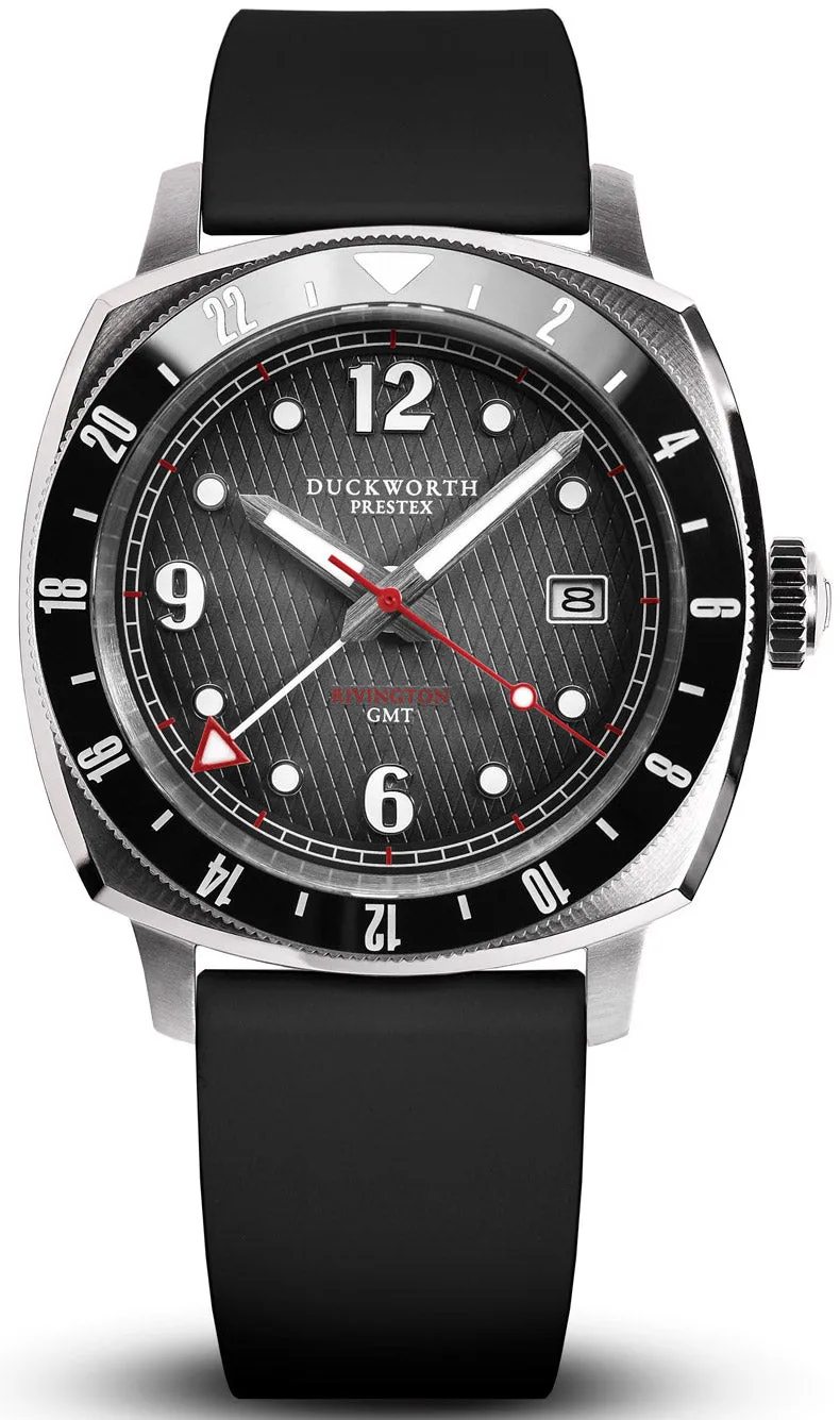 Duckworth Prestex Uhren Duckworth Prestex Rivington GMT Schwarz Grau Rauch Schwarz Gummi Armbanduhr