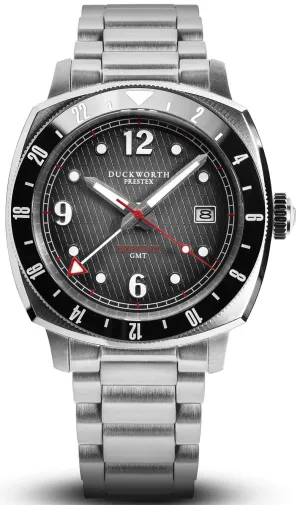 Duckworth Prestex Uhren Duckworth Prestex Rivington GMT Schwarz Grau Rauchfarbenes Stahlarmband Uhr