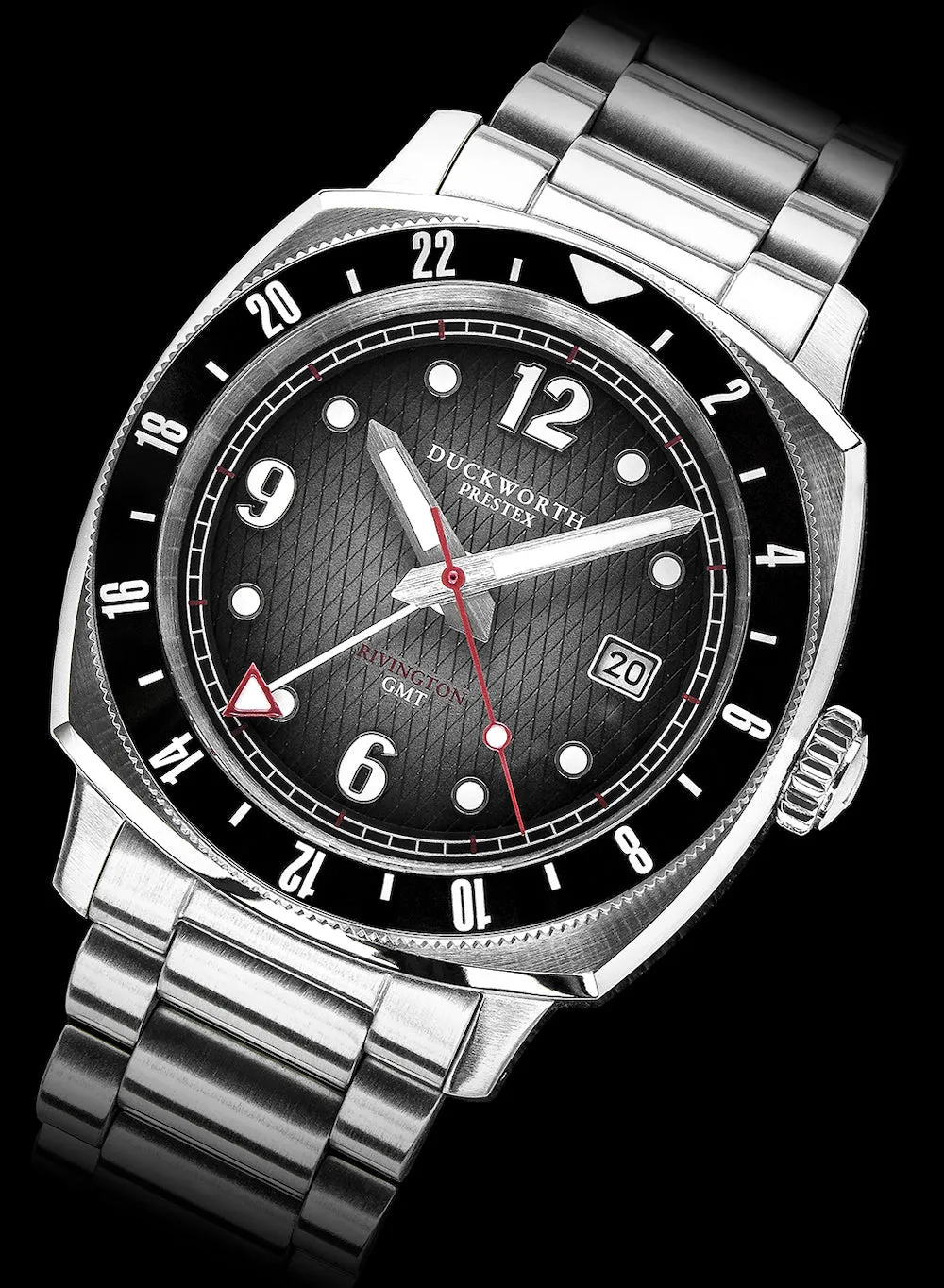 Duckworth Prestex Uhren Duckworth Prestex Rivington GMT Schwarz Grau Rauchfarbenes Stahlarmband Uhr