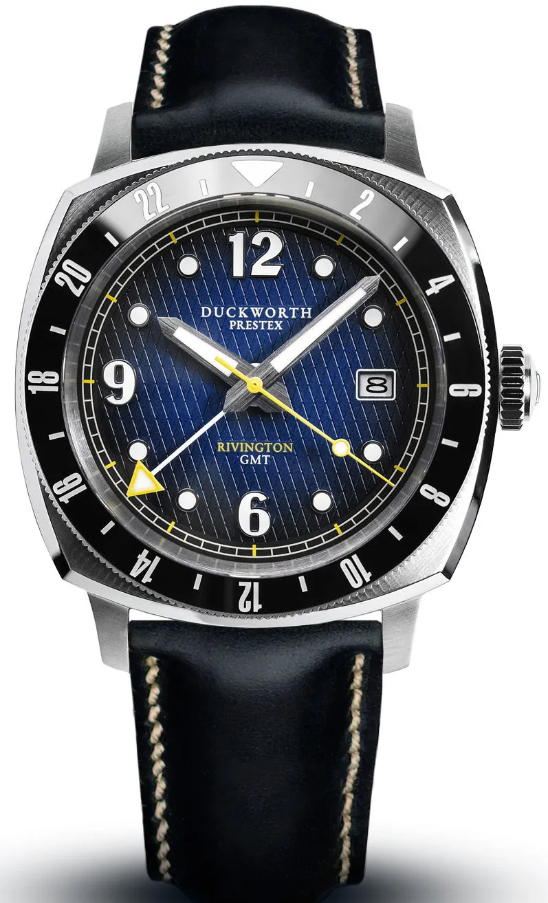 Duckworth Prestex Uhren Duckworth Prestex Rivington GMT Blau Rauchfarbenes Zifferblatt Schwarzes Lederarmband
