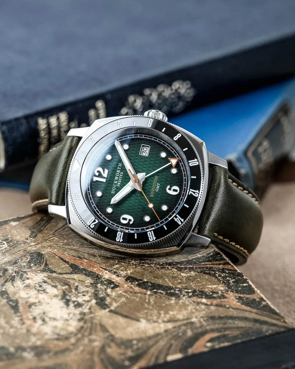 Duckworth Prestex Uhren Duckworth Prestex Rivington GMT Grün Rauch Olivengrün Lederuhr
