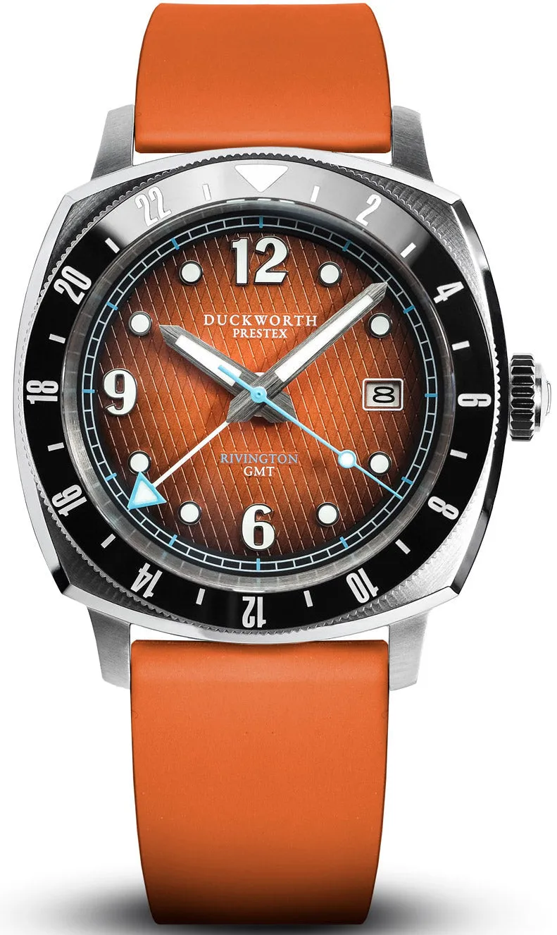 Duckworth Prestex Uhren Duckworth Prestex Rivington GMT Orange Rauchfarbenes Zifferblatt Orange Gummiband Uhr