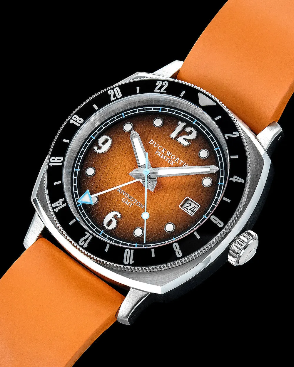Duckworth Prestex Uhren Duckworth Prestex Rivington GMT Orange Rauchfarbenes Zifferblatt Orange Gummiband Uhr