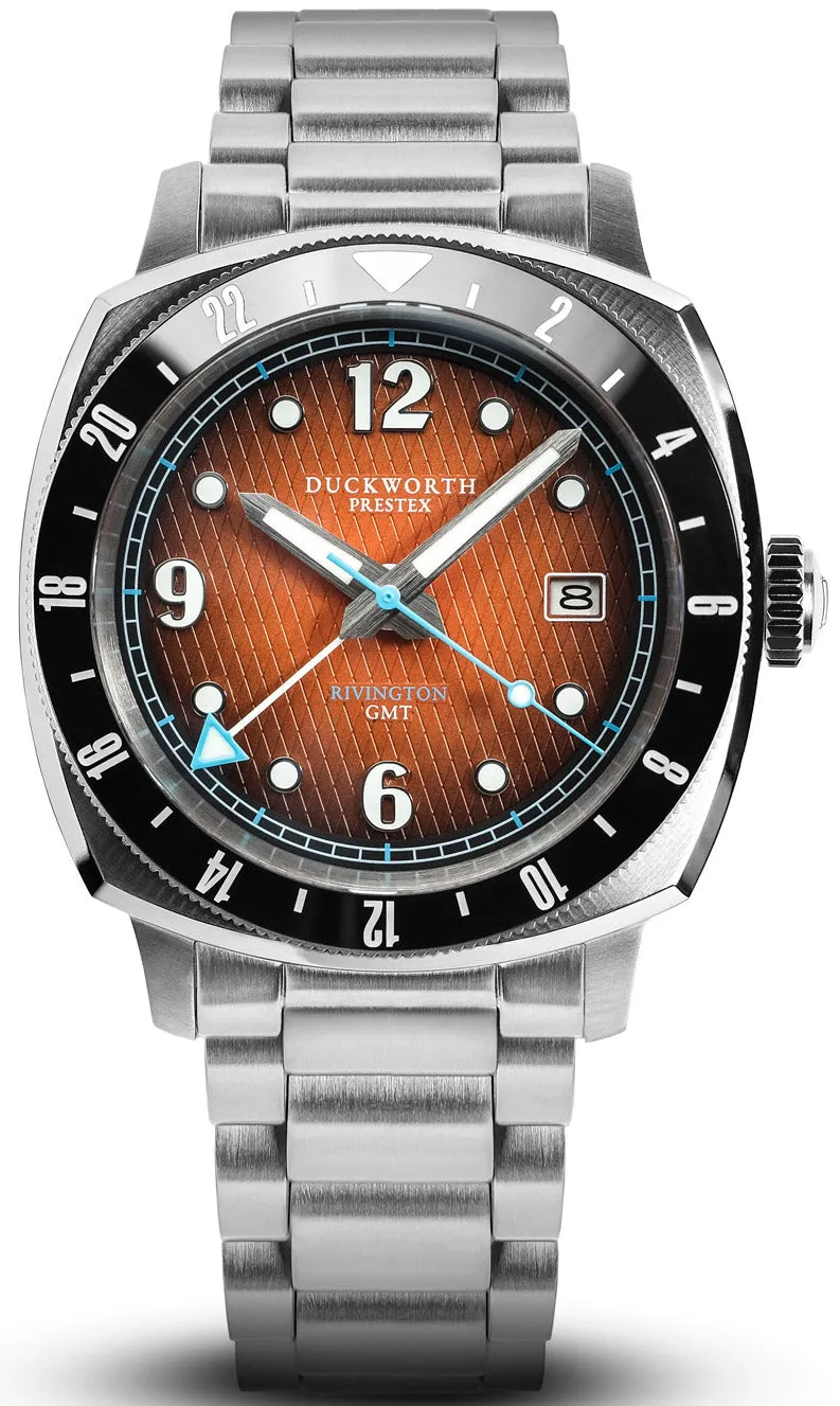 Duckworth Prestex Uhren Duckworth Prestex Rivington GMT Orange Rauchfarbenes Zifferblatt Stahlarmbanduhr