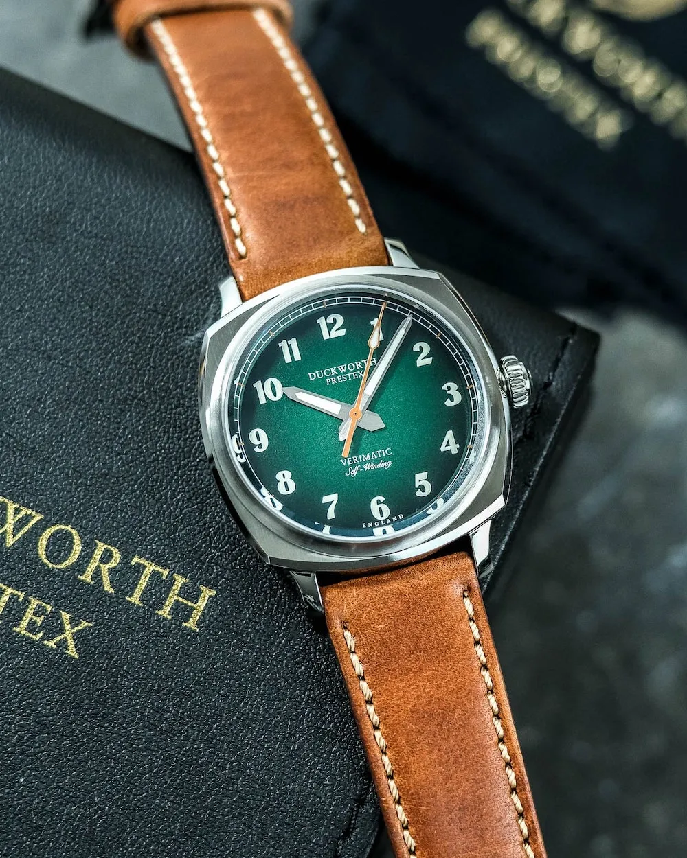 Duckworth Prestex Uhren Duckworth Prestex Verimatic Grün Rauch Vintage Braun Leder Armbanduhr