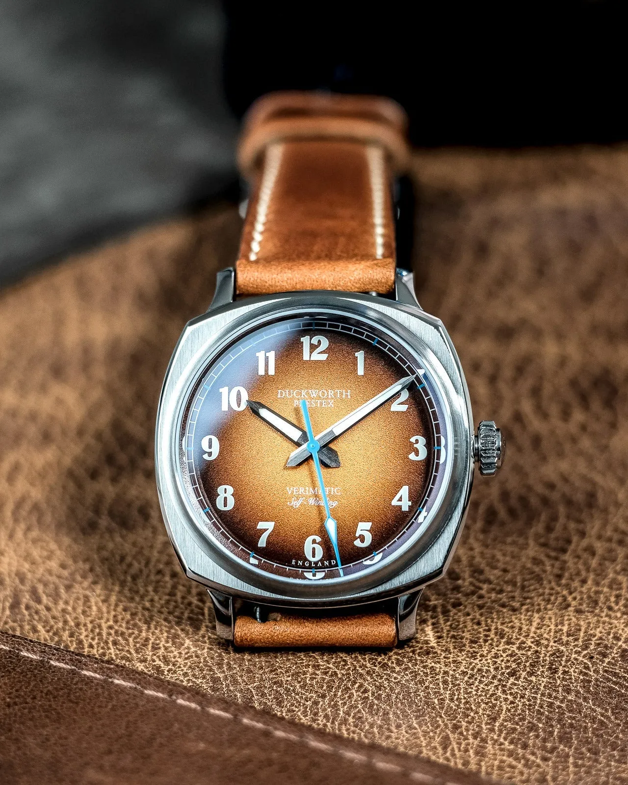 Duckworth Prestex Uhren Duckworth Prestex Verimatic Orange Rauchfarbene Uhr mit Hellbraunem Lederarmband