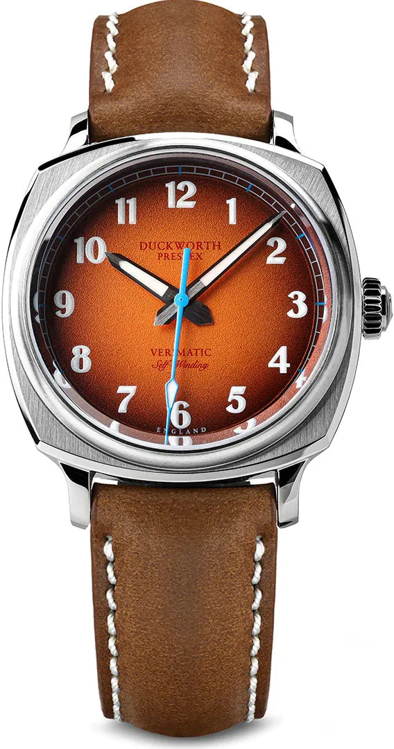 Duckworth Prestex Uhren Duckworth Prestex Verimatic Orange Rauchfarbene Uhr mit Hellbraunem Lederarmband