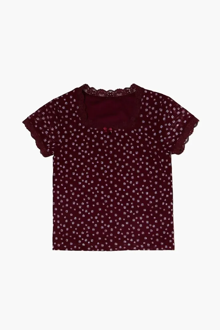 Forever 21 Mädchen Spitzenbesetztes Blumen-T-Shirt (Kinder) Kastanienbraun/Mehrfarbig Forever 21
