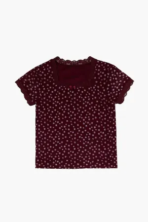 Forever 21 Mädchen Spitzenbesetztes Blumen-T-Shirt (Kinder) Kastanienbraun/Mehrfarbig Forever 21