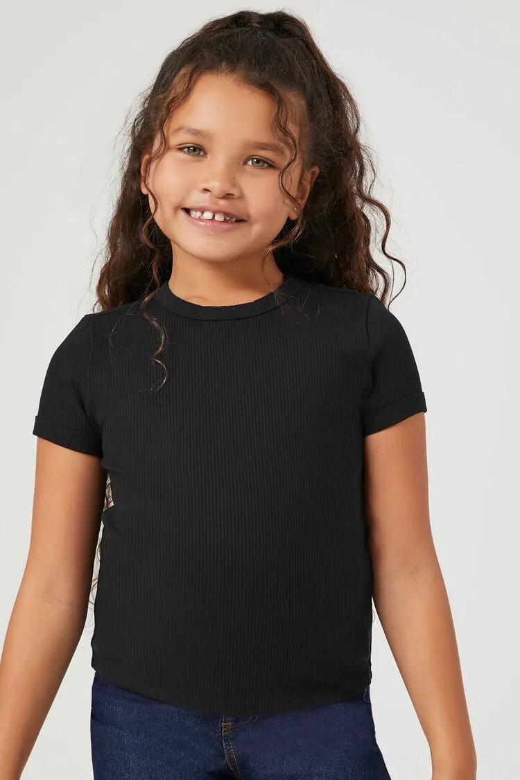 Forever 21 Girls Rippenstrick Rundhals-T-Shirt (Kinder) Schwarz Forever 21