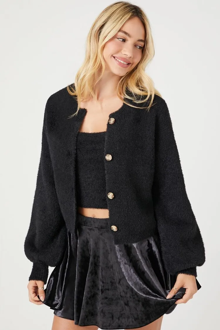 Forever 21 Strick-Set für Damen mit flauschiger Cardigan-Jacke Schwarz Forever 21