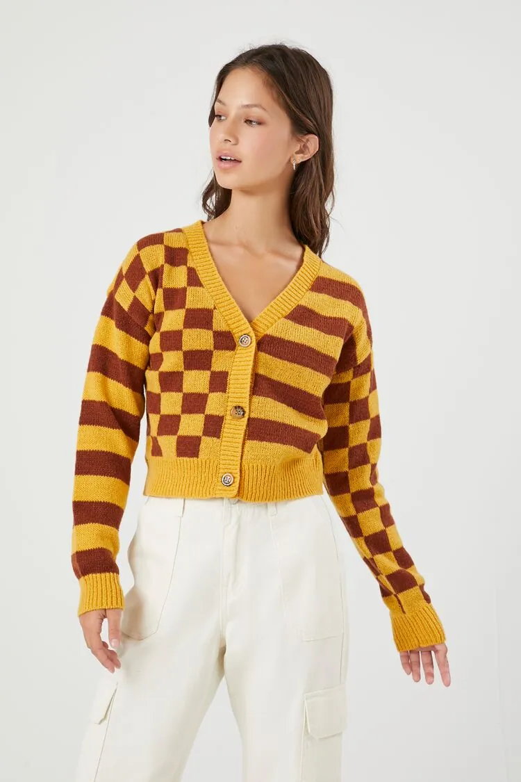 Forever 21 Strick Cardigan für Damen mit Streifen und Karomuster Senf/Mehrfarbig Forever 21