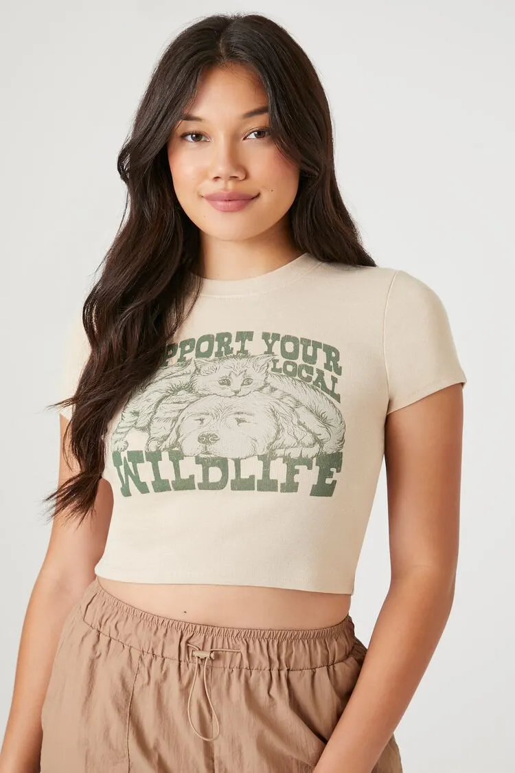 Forever 21 Damen Local Wildlife Grafik Baby T-Shirt Beige/Mehrfarbig Forever 21