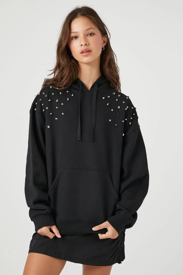 Forever 21 Damen Steppkapuzenpullover mit Nieten in Grau/Mehrfarbig Forever 21