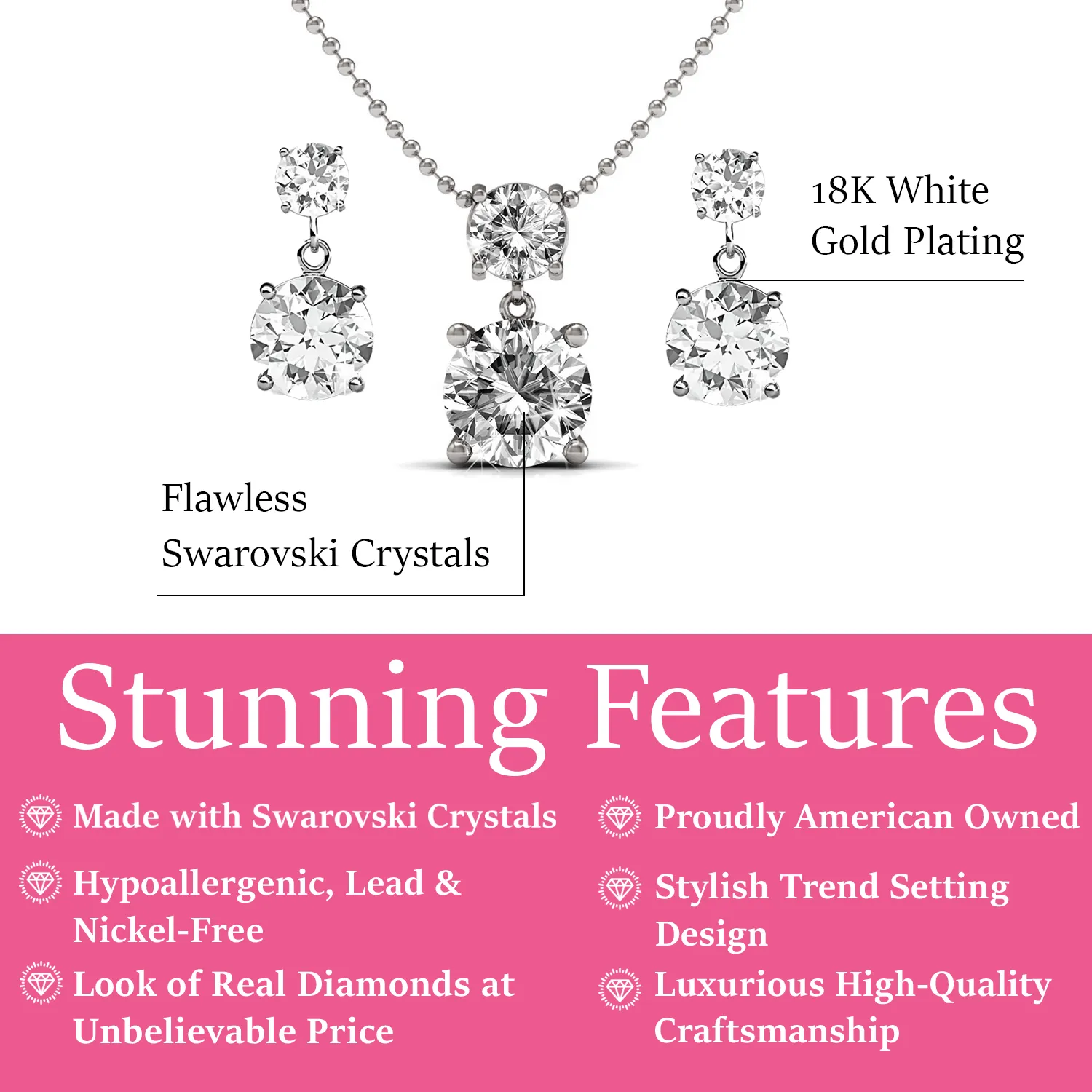 Jasmine 18k Weißgold plattiertes Halsketten- und Ohrring-Set mit Swarovski-Kristallen