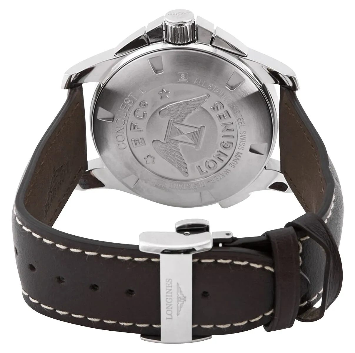 Longines Conquest Chronograph Edelstahl Silber Zifferblatt Braun Lederarmband Datum Taucher Quarz Herrenuhr L3.702.4.76.5 Longines Uhren