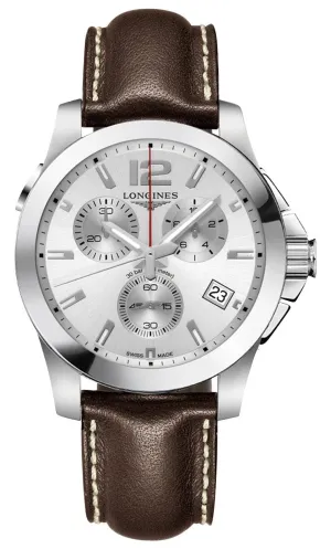Longines Conquest Chronograph Edelstahl Silber Zifferblatt Braun Lederarmband Datum Taucher Quarz Herrenuhr L3.702.4.76.5 Longines Uhren