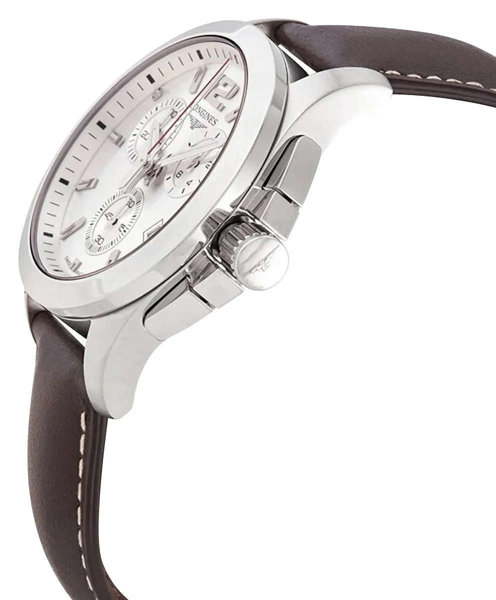 Longines Conquest Chronograph Edelstahl Silber Zifferblatt Braun Lederarmband Datum Taucher Quarz Herrenuhr L3.702.4.76.5 Longines Uhren