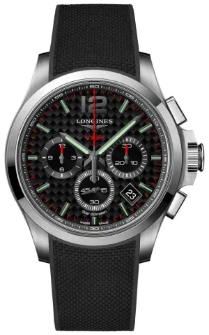 Longines Conquest V.H.P. Chronograph Edelstahl Schwarz Zifferblatt Schwarzes Gummiband Ewiger Kalender Datum Quarz Herrenuhr L3.717.4.66.9 Longines Uhren
