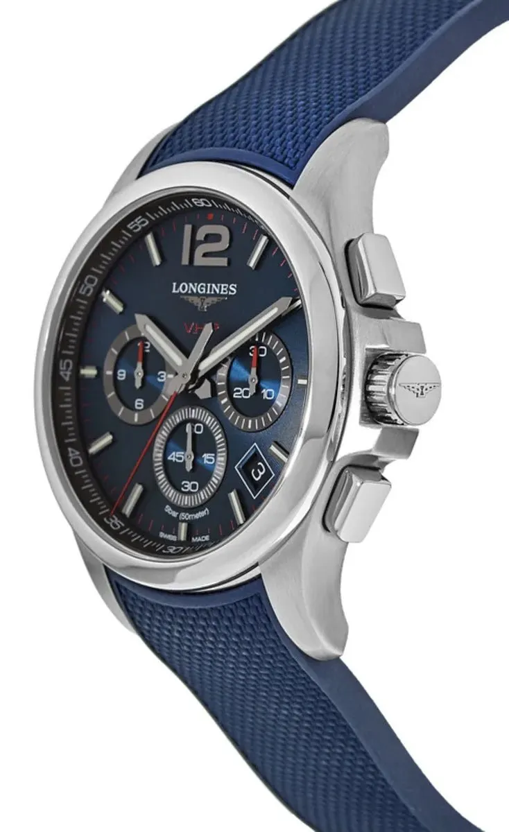 Longines Conquest V.H.P. Chronograph Edelstahl Blaues Zifferblatt Blaues Gummiband Ewiger Kalender Datum Quarz Herrenuhr L3.717.4.96.9 Longines Uhren