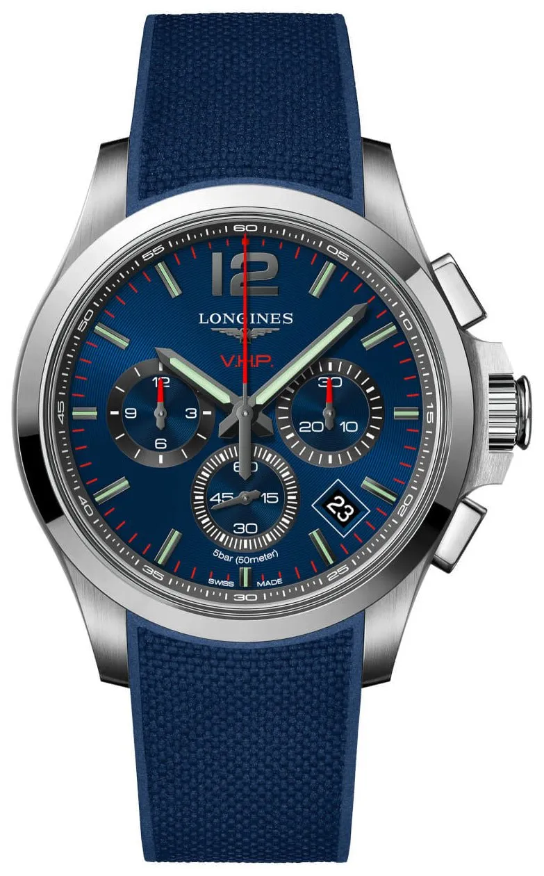 Longines Conquest V.H.P. Chronograph Edelstahl Blaues Zifferblatt Blaues Gummiband Ewiger Kalender Datum Quarz Herrenuhr L3.717.4.96.9 Longines Uhren