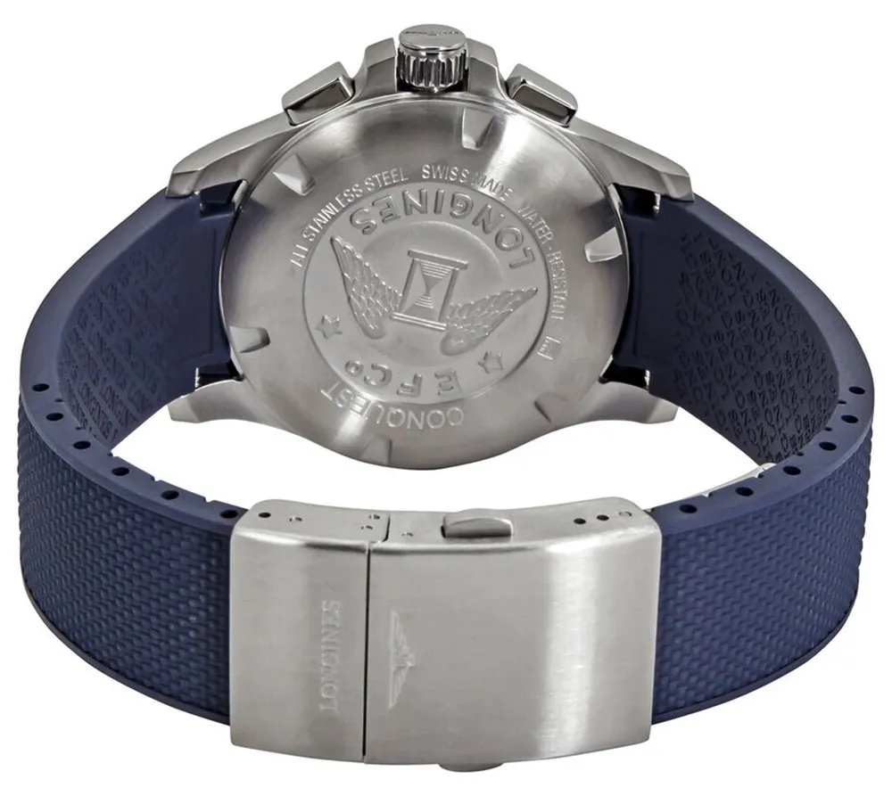 Longines Conquest V.H.P. Chronograph Edelstahl Blaues Zifferblatt Blaues Gummiband Ewiger Kalender Datum Quarz Herrenuhr L3.717.4.96.9 Longines Uhren
