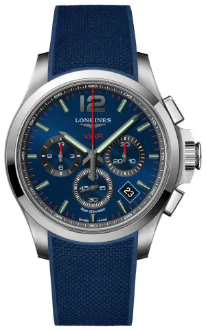 Longines Conquest V.H.P. Chronograph Edelstahl Blaues Zifferblatt Blaues Gummiband Ewiger Kalender Datum Quarz Herrenuhr L3.717.4.96.9 Longines Uhren