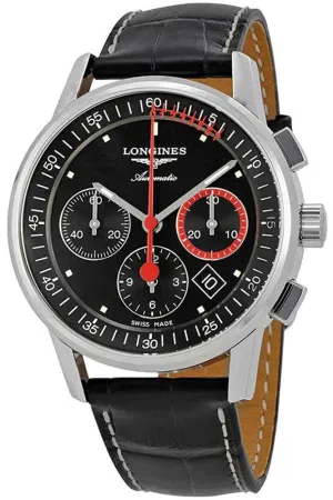 Longines Heritage Säulenrad-Chronograph Automatik Edelstahl Schwarz Lederarmband Schwarzes Zifferblatt Datum Herrenuhr L4.754.4.52.3 Longines Uhren