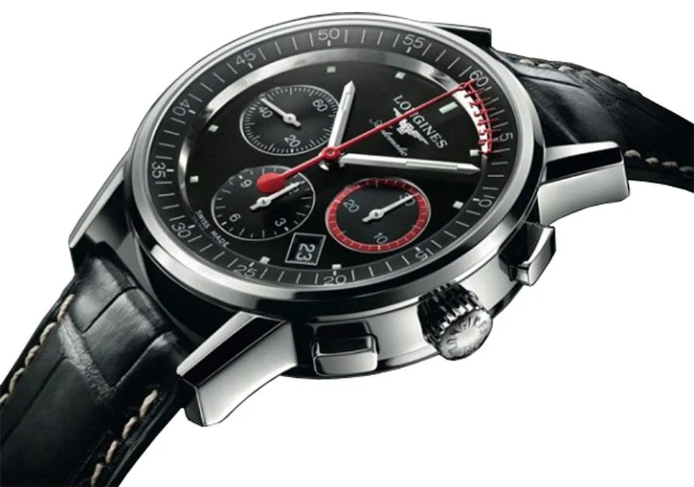 Longines Heritage Säulenrad-Chronograph Automatik Edelstahl Schwarz Lederarmband Schwarzes Zifferblatt Datum Herrenuhr L4.754.4.52.3 Longines Uhren