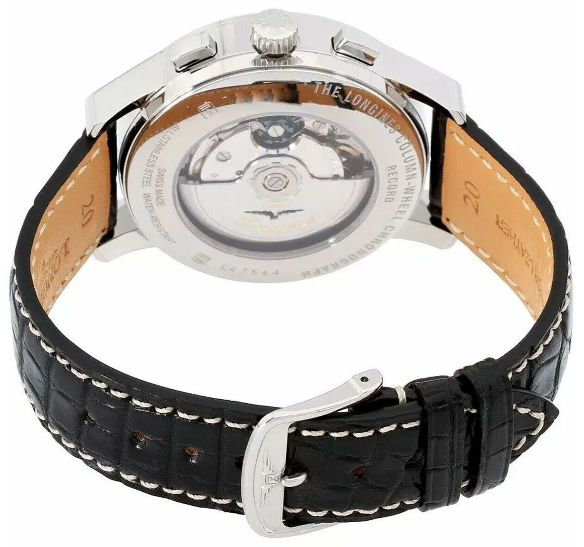 Longines Heritage Säulenrad-Chronograph Automatik Edelstahl Schwarz Lederarmband Schwarzes Zifferblatt Datum Herrenuhr L4.754.4.52.3 Longines Uhren