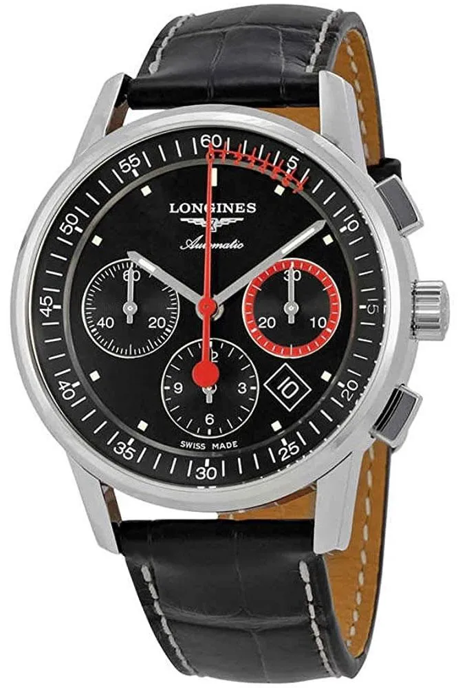 Longines Heritage Säulenrad-Chronograph Automatik Edelstahl Schwarz Lederarmband Schwarzes Zifferblatt Datum Herrenuhr L4.754.4.52.3 Longines Uhren