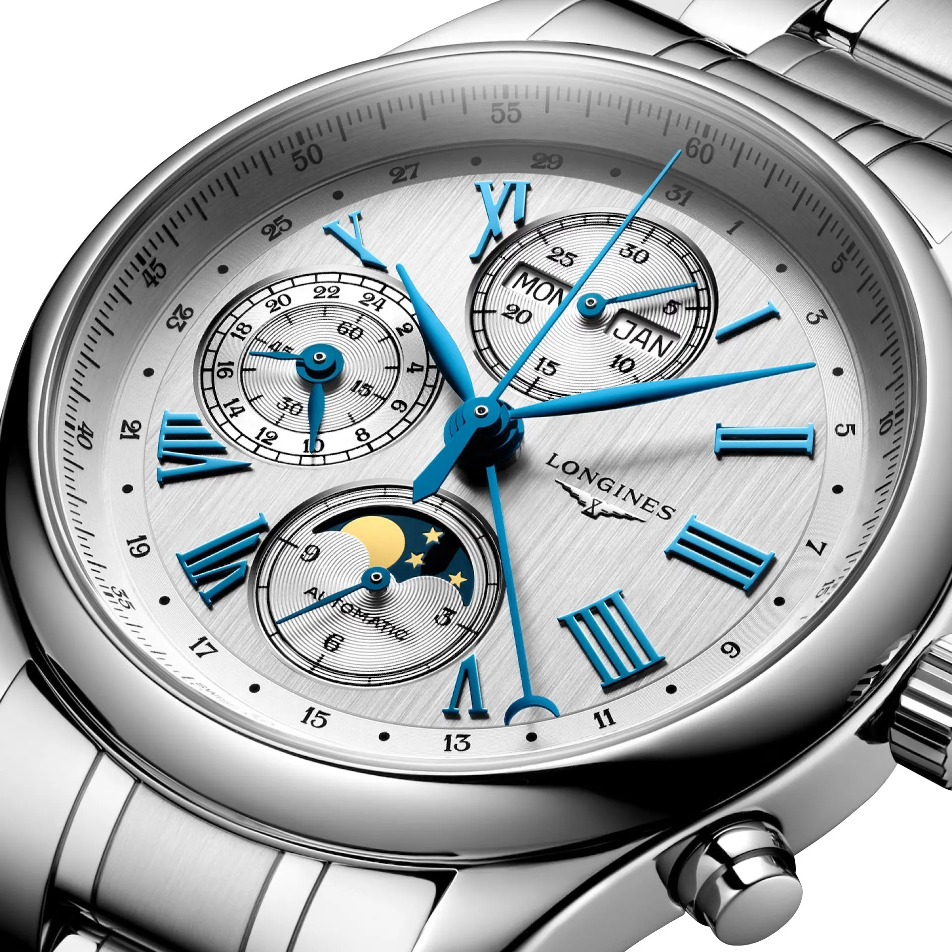 Longines Master Collection Komplikationen Automatik Chronograph Edelstahl Silber Zifferblatt Tag/Datum Monat Mondphase Herrenuhr L2.773.4.71.6 Longines Uhren
