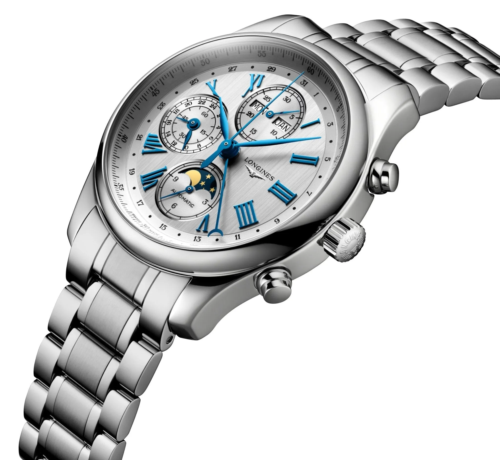 Longines Master Collection Komplikationen Automatik Chronograph Edelstahl Silber Zifferblatt Tag/Datum Monat Mondphase Herrenuhr L2.773.4.71.6 Longines Uhren
