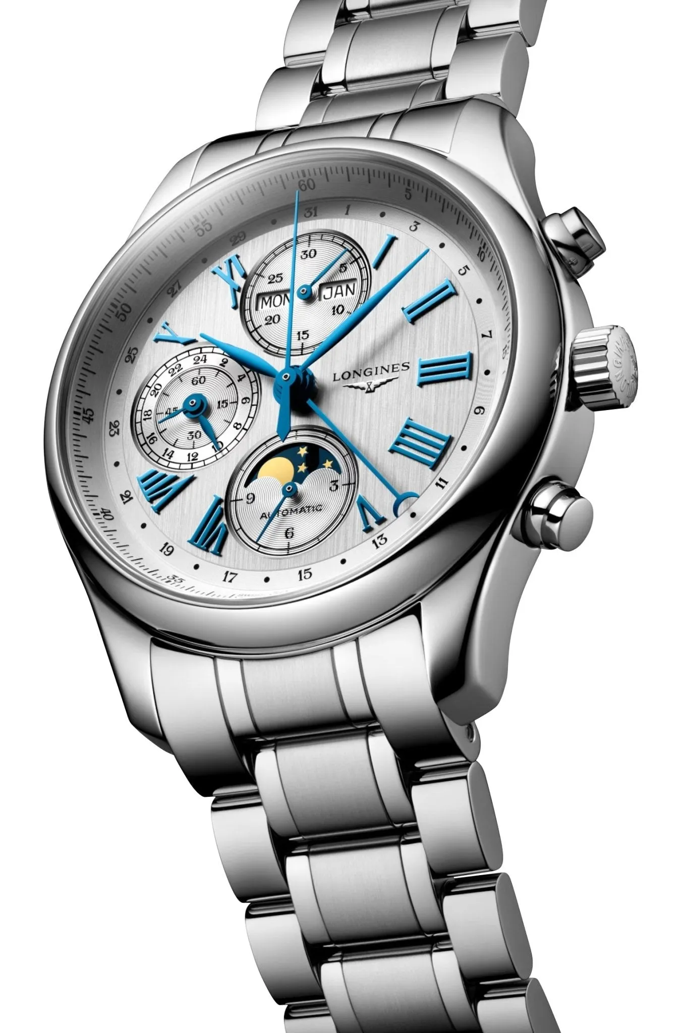 Longines Master Collection Komplikationen Automatik Chronograph Edelstahl Silber Zifferblatt Tag/Datum Monat Mondphase Herrenuhr L2.773.4.71.6 Longines Uhren