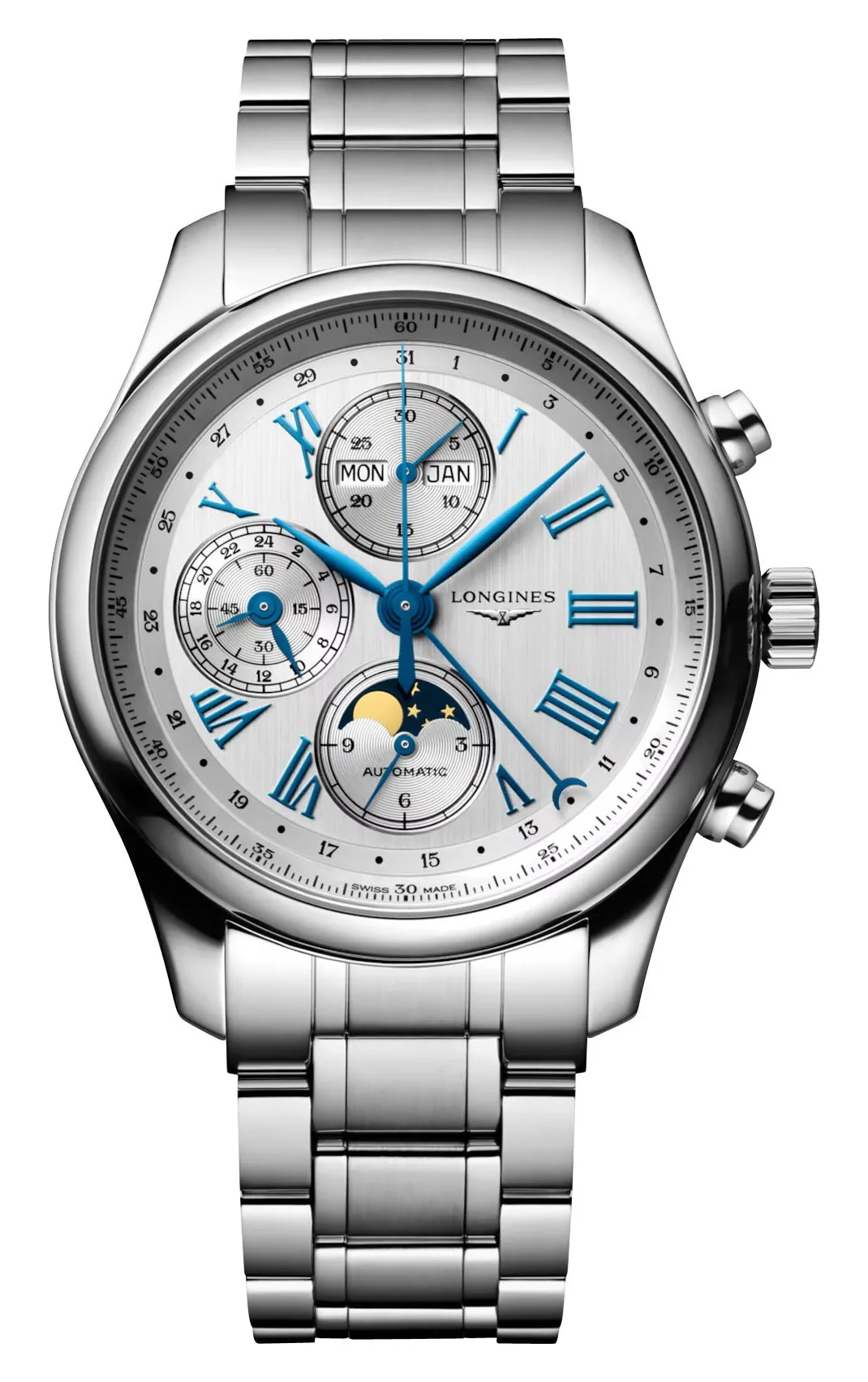 Longines Master Collection Komplikationen Automatik Chronograph Edelstahl Silber Zifferblatt Tag/Datum Monat Mondphase Herrenuhr L2.773.4.71.6 Longines Uhren
